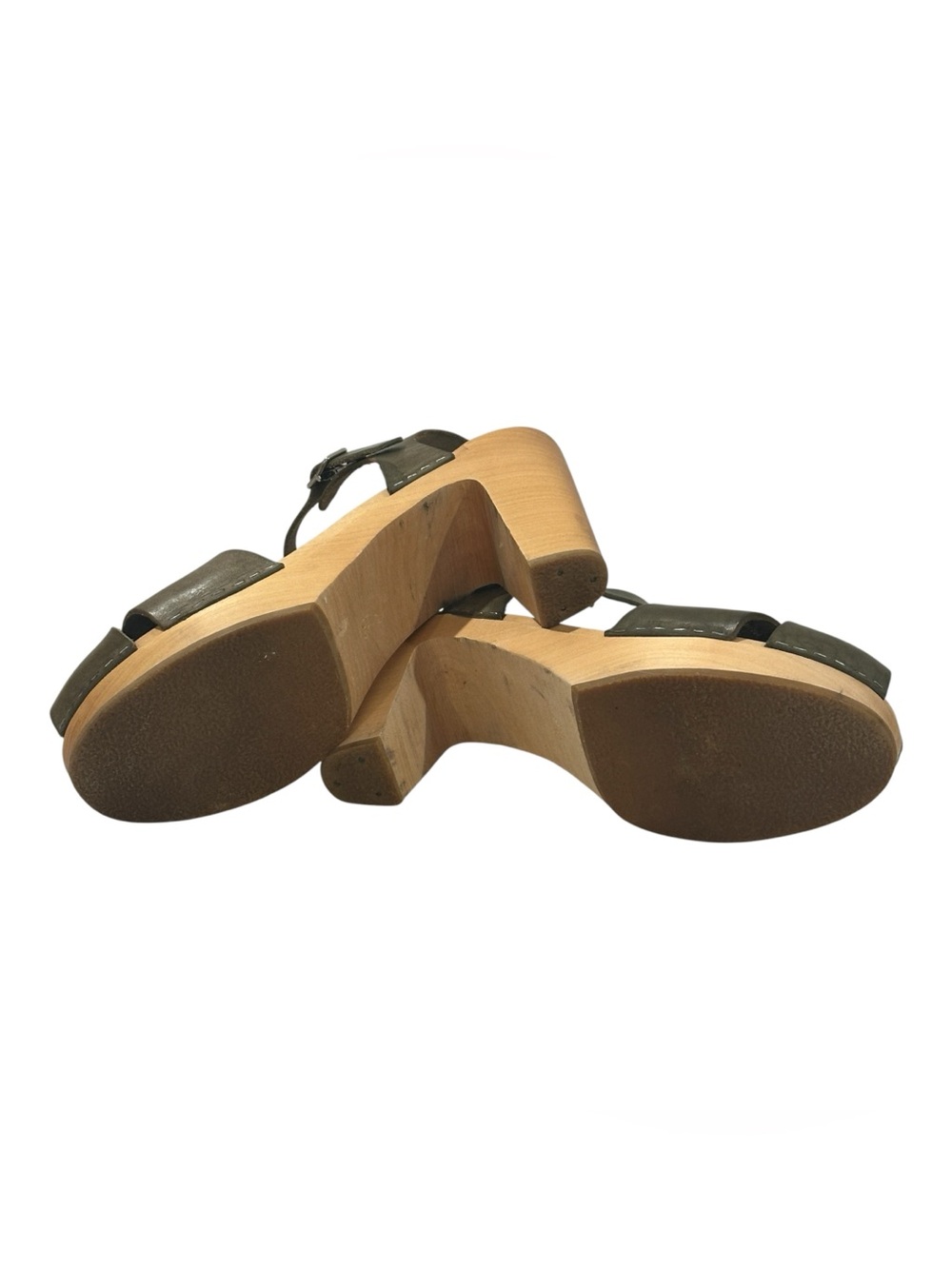 Swedish Hasbeens Merci Sandals Olive Green Sky High Wooden Heels - Picture 5 of 6